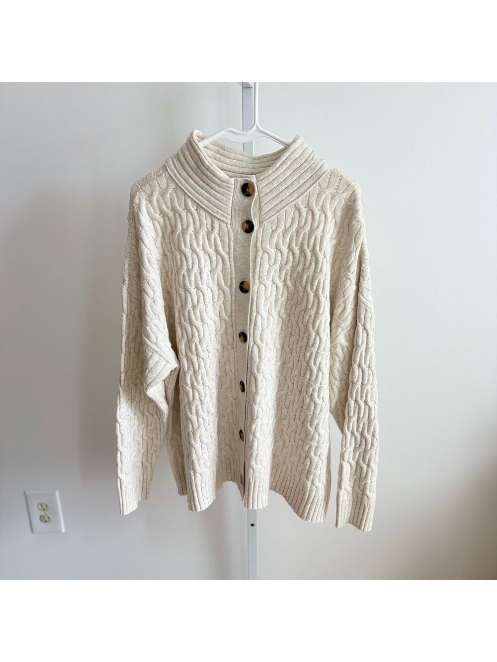 J. Jill NWOT Women's Cream Cable Knit Mock Neck Cardigan Sweater Size XL